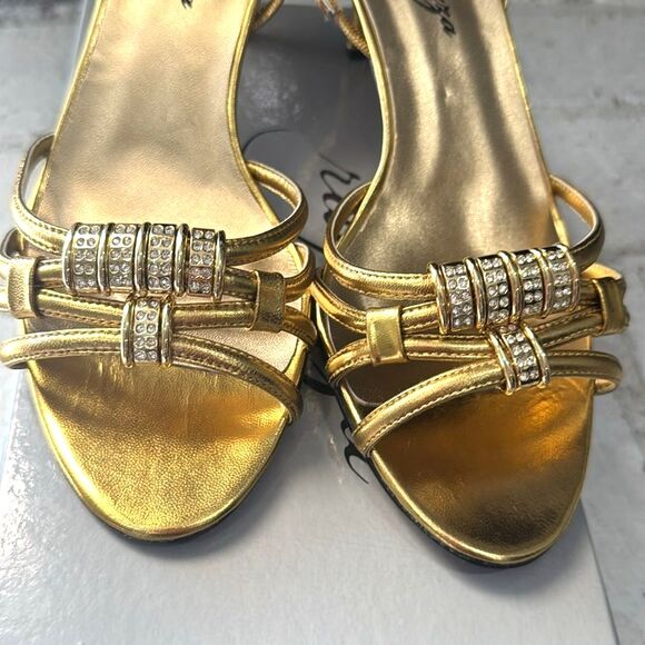 Ragazza Helena Sandal Kitten Heels Slingback Gold Metal Rhinestones Size 8.5 - Picture 6 of 6